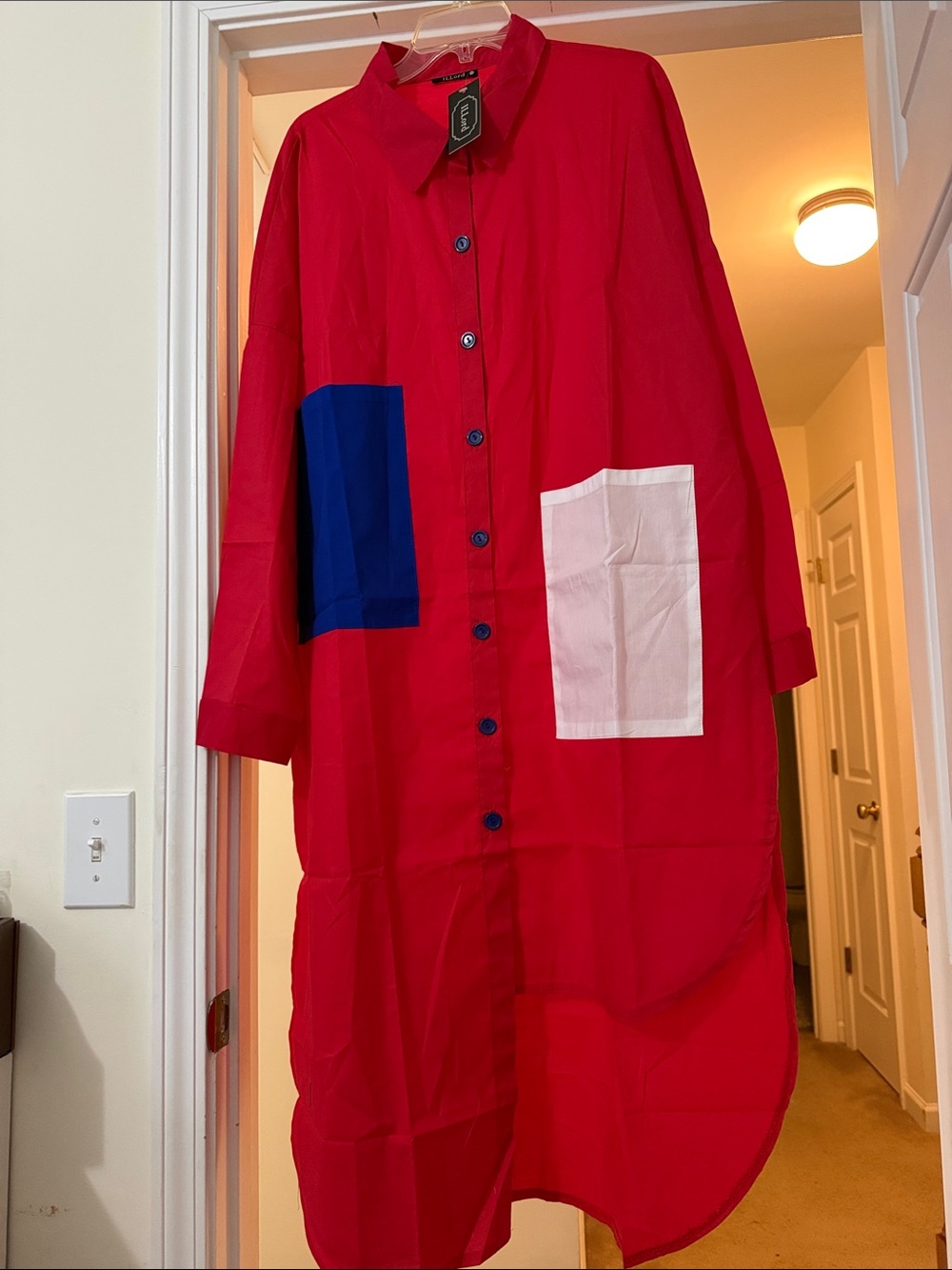 Hi lo  Bright Red Shirt dress with Contrasting Blue and White pockets